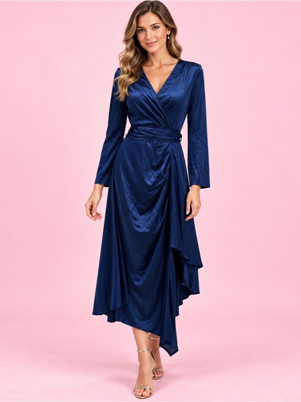 Navy Blue Satin Wrap Dress – Size Medium